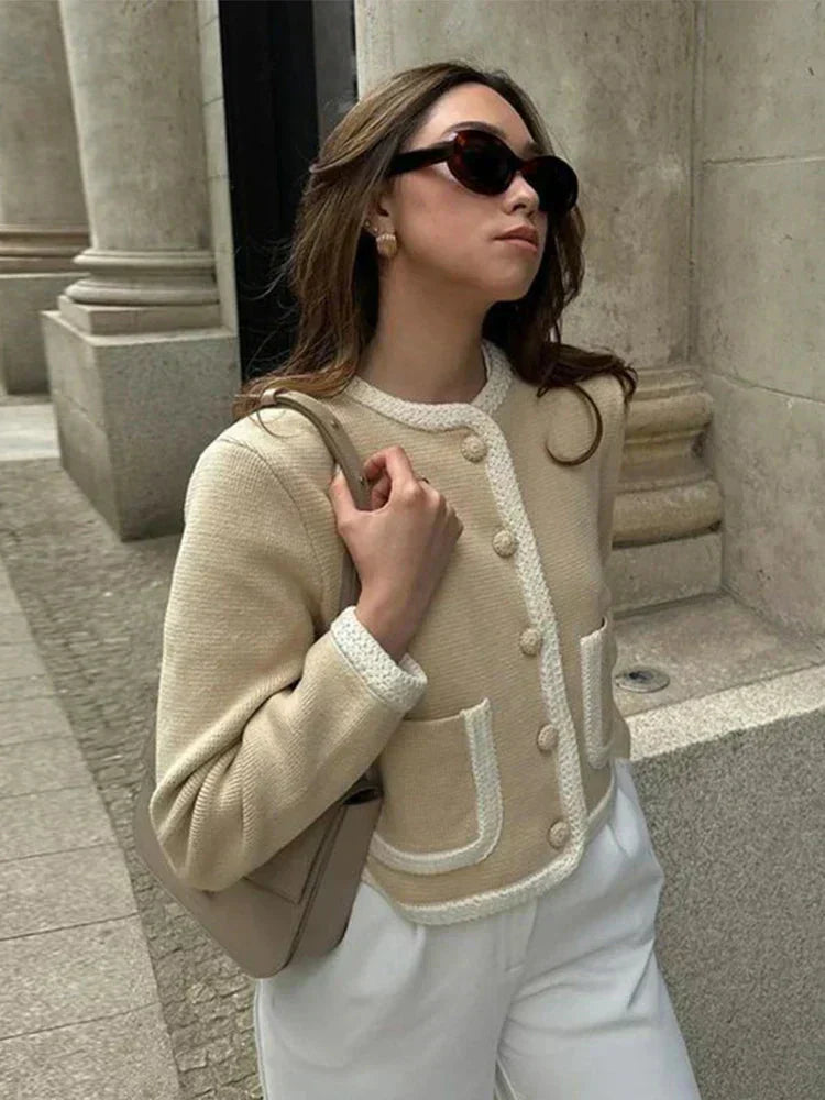Valenzora | Einreihiger beiger Tweed-Blazer Damenjacken