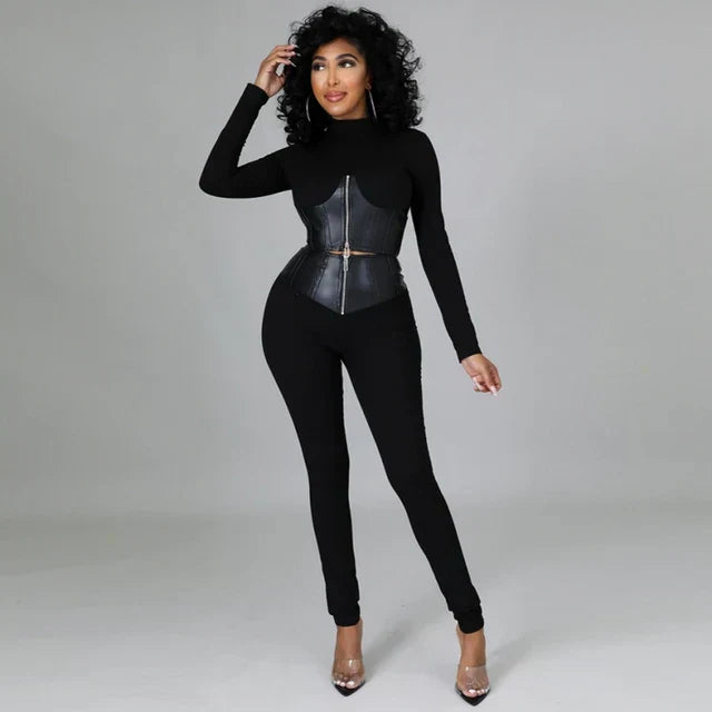 Valenzora | Two-piece set with short faux leather corset and high-waisted trousers