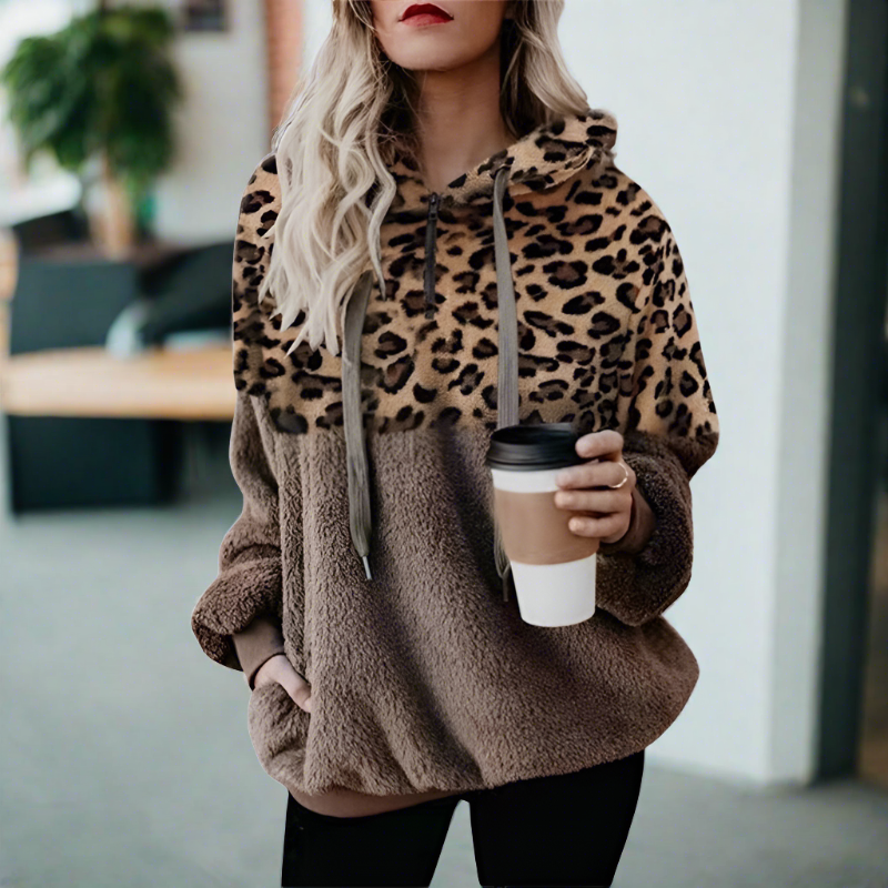 Valenzora – Legerer, einfarbiger Plüsch-Hoodie mit Tasche und Leopardenmuster