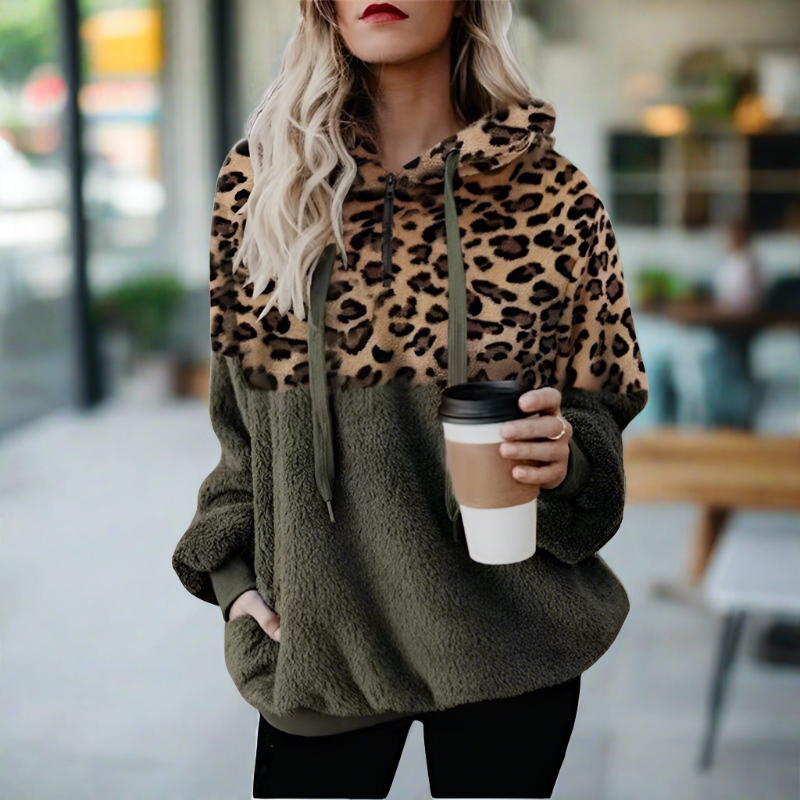 Valenzora – Legerer, einfarbiger Plüsch-Hoodie mit Tasche und Leopardenmuster