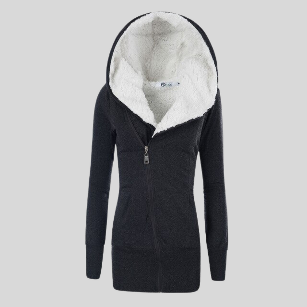 Mittellange Strickjacke, Hoodie aus Lammfleece