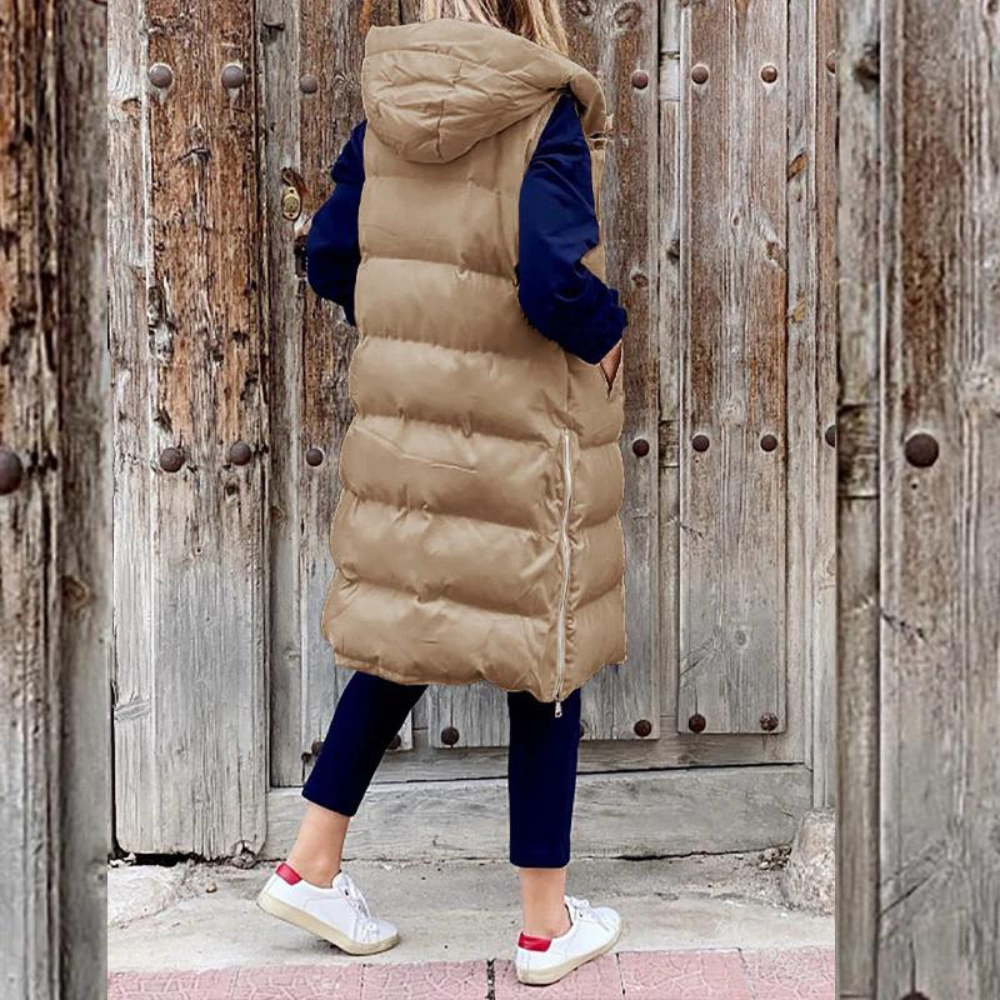 Long sleeveless cotton coat with hood