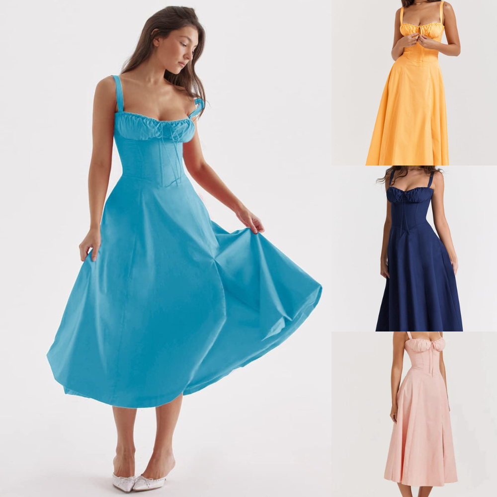 Valenzora - Midi dress with fitted top and flared skirt | Mini dress with spaghetti straps
