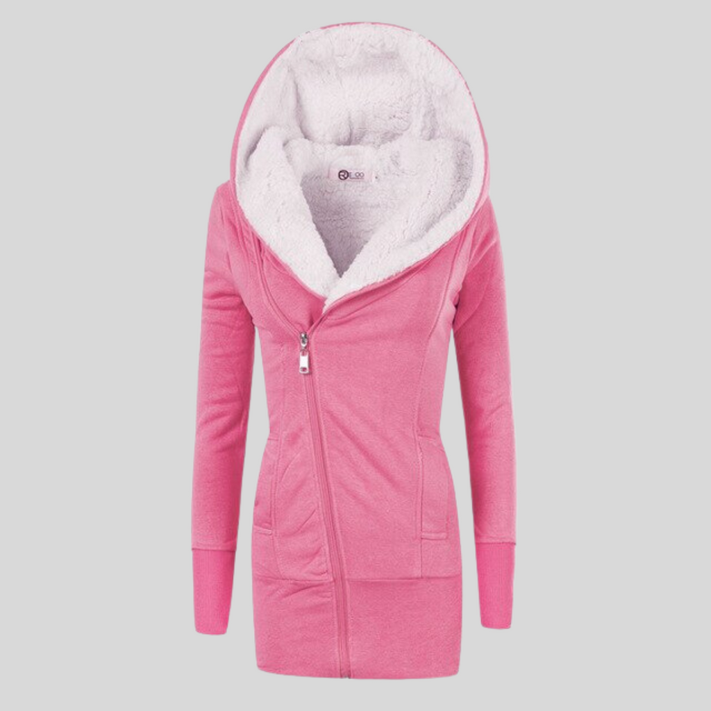 Mittellange Strickjacke, Hoodie aus Lammfleece