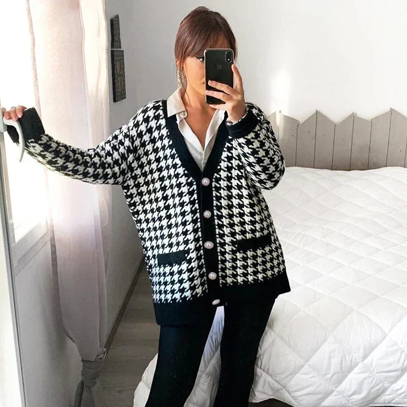 Valenzora | Hahnentritt-Cardigan mit Kontrastbesatz