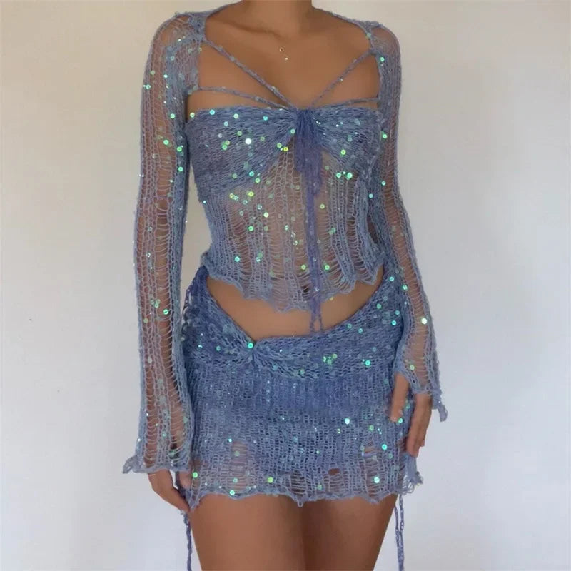 Valenzora Zweiteiliges langärmliges Pailletten-Stricktop mit Ausschnitt und Bodycon-Rock