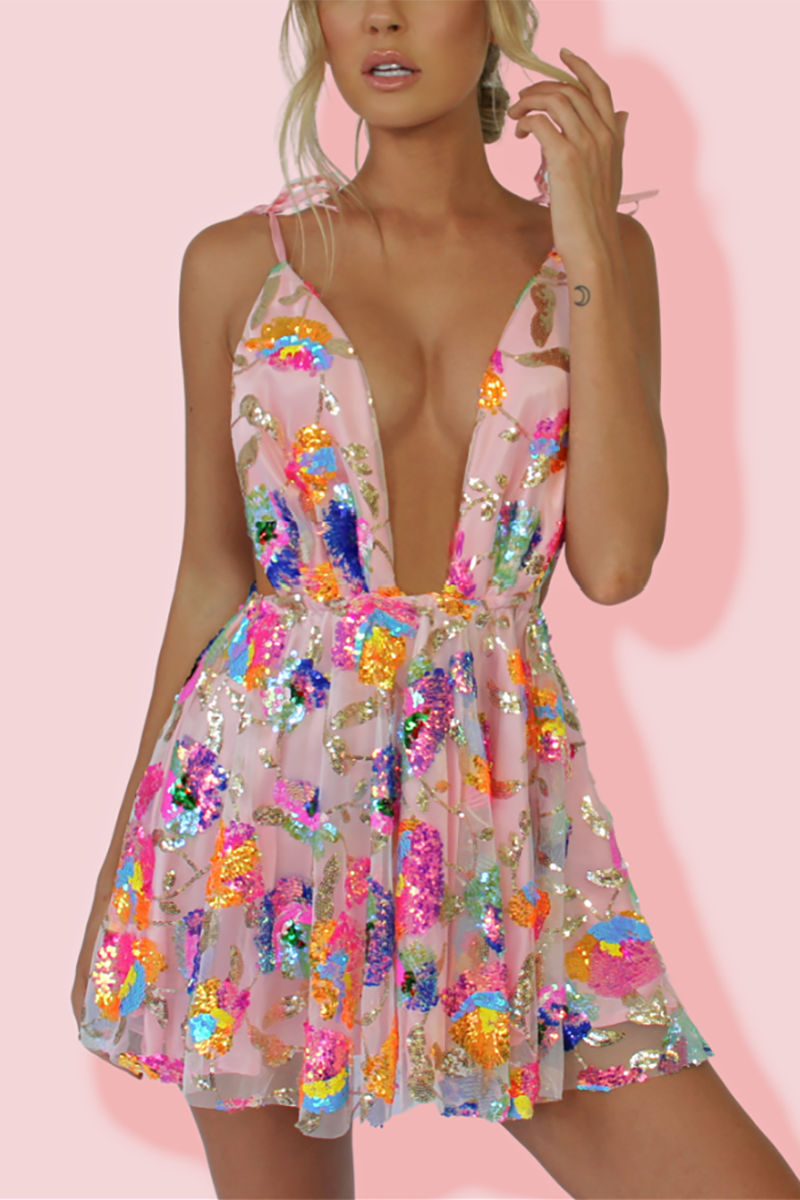 Valenzora | Rainbow Sequin Open Back Slip Mini Dress