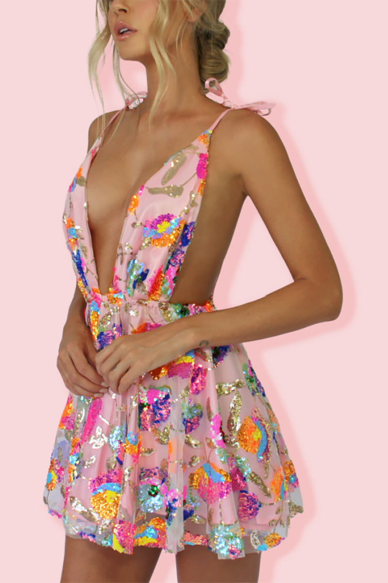 Valenzora | Rainbow Sequin Open Back Slip Mini Dress