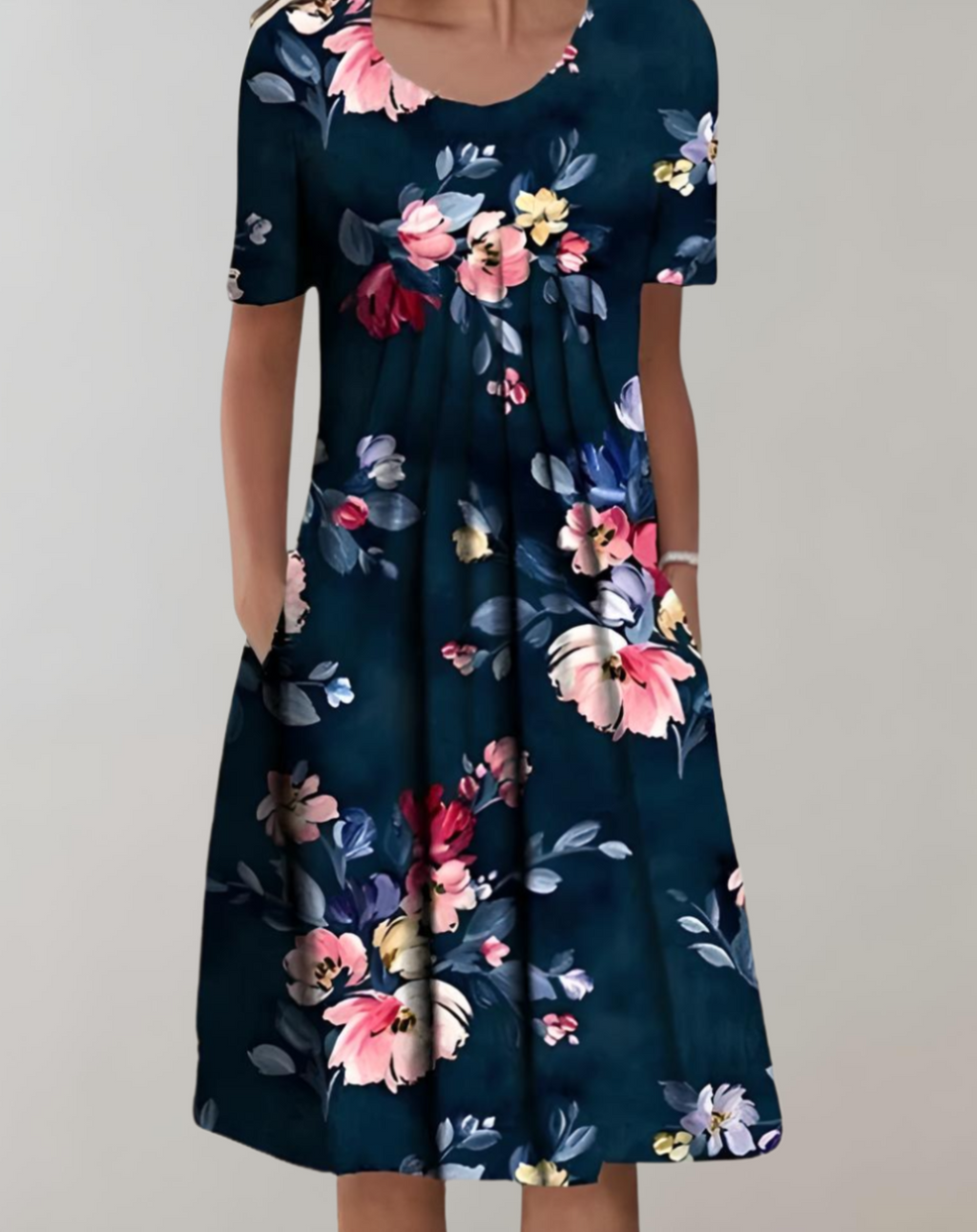 Valenzora | Kurzärmeliges, locker sitzendes Midikleid mit Blumenmuster und Taschen