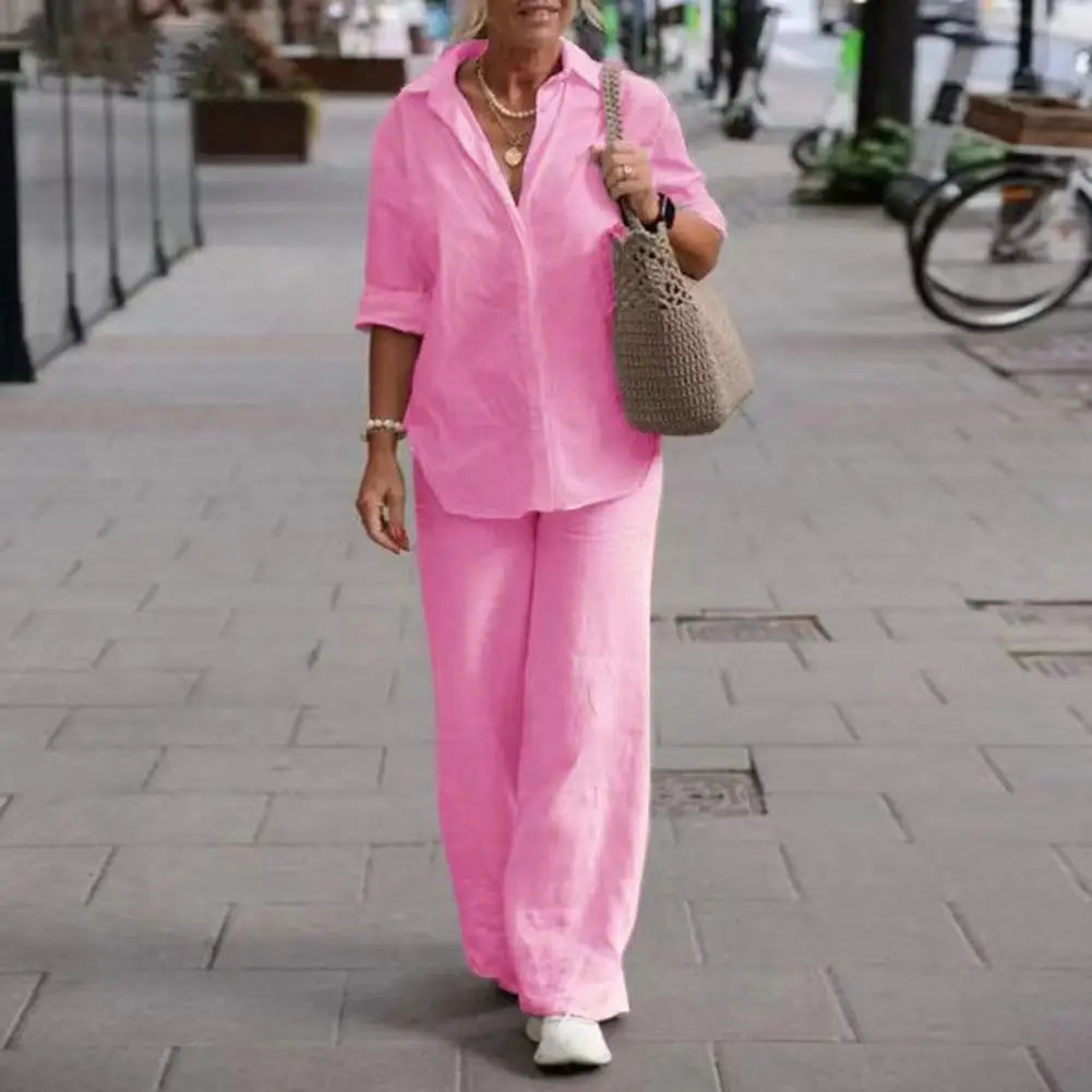 SummerSilhouette Duo™ – Women's Linen Two-Piece Set with Blouse & Trousers, Airy, Elegant & Comfortable for Summer