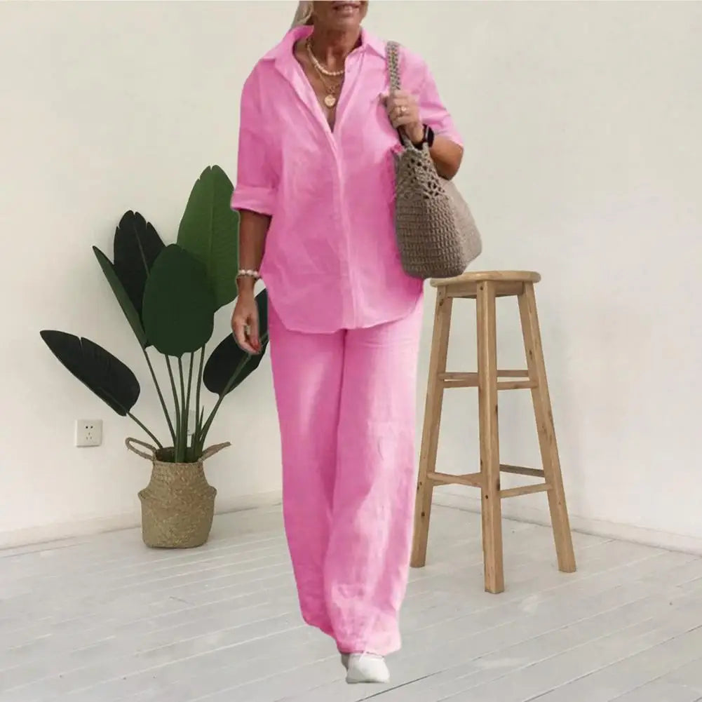 SummerSilhouette Duo™ – Women's Linen Two-Piece Set with Blouse & Trousers, Airy, Elegant & Comfortable for Summer