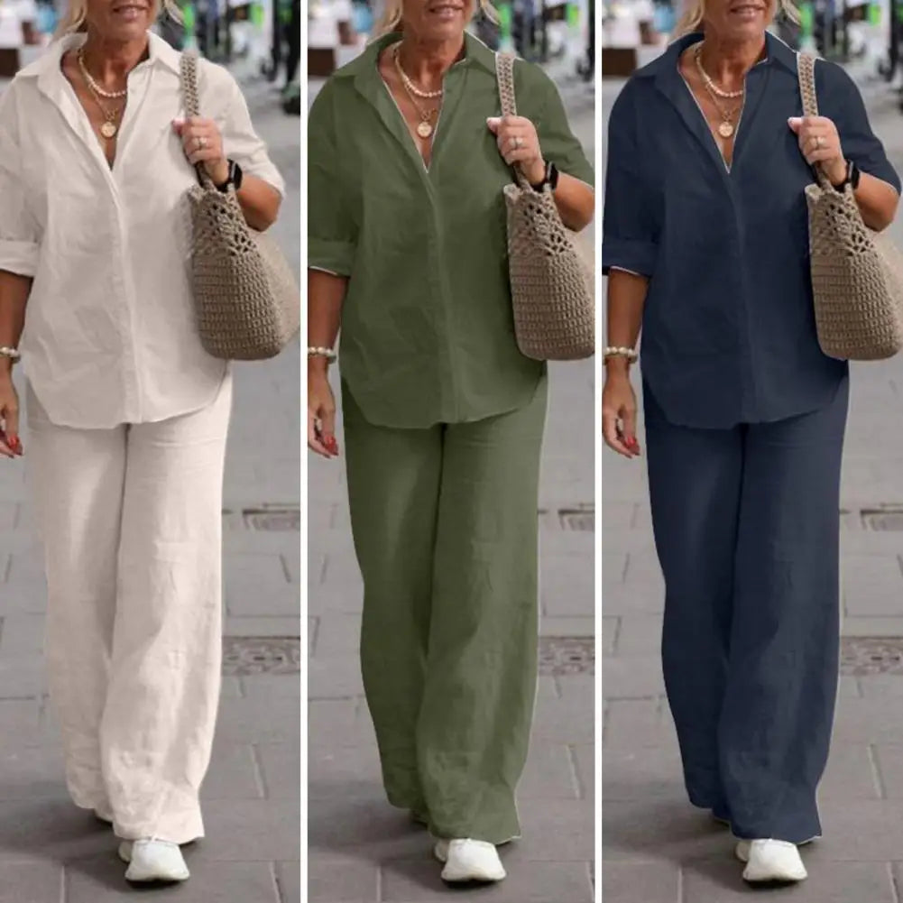 SummerSilhouette Duo™ – Women's Linen Two-Piece Set with Blouse & Trousers, Airy, Elegant & Comfortable for Summer