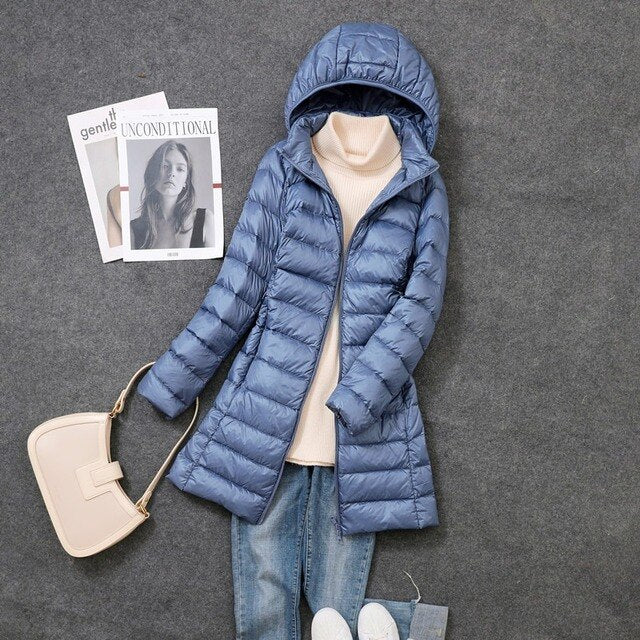 Ultraleichte, packbare, lange Pufferjacke