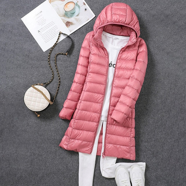 Ultraleichte, packbare, lange Pufferjacke