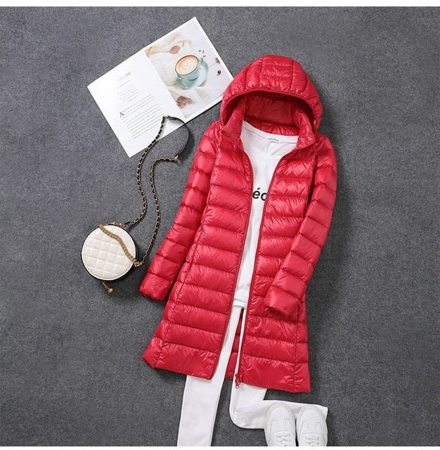 Ultraleichte, packbare, lange Pufferjacke