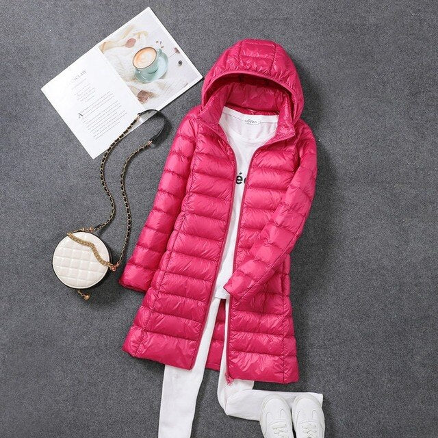 Ultraleichte, packbare, lange Pufferjacke