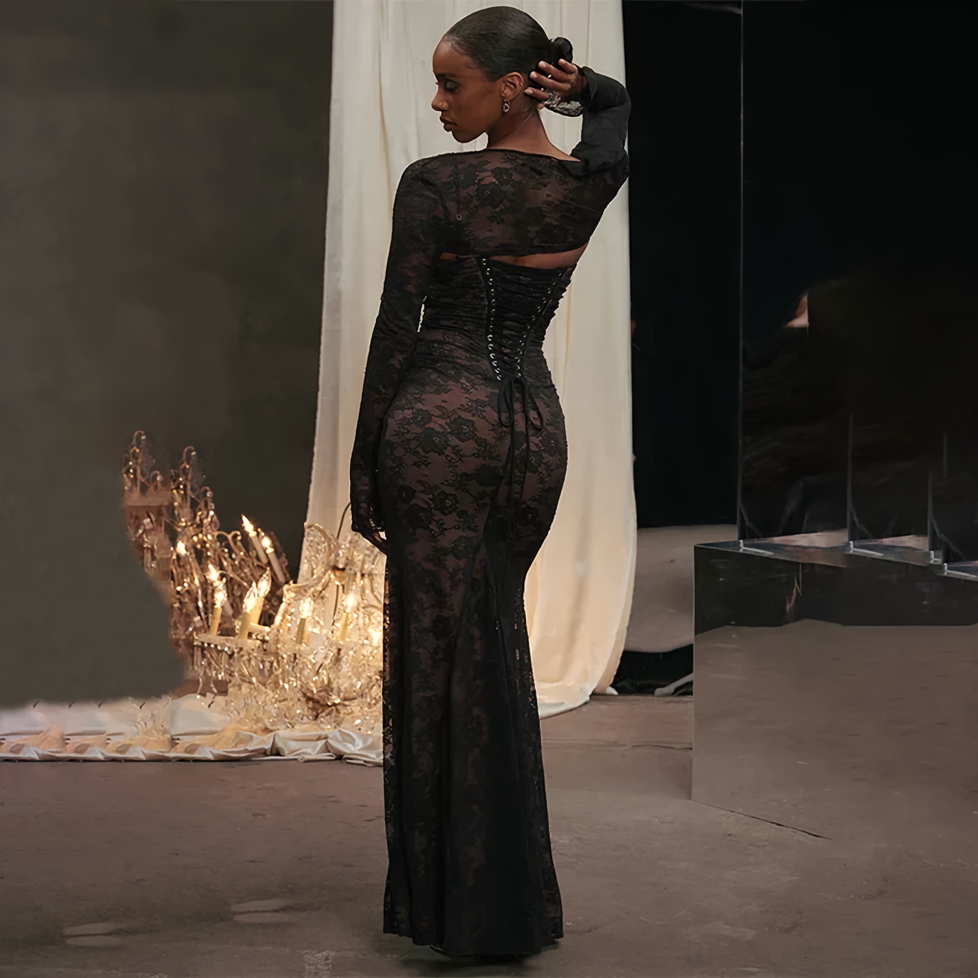 Valenzora | Lace Maxi Dress Elegant Long Sleeve Square Neckline Formal Evening Dress