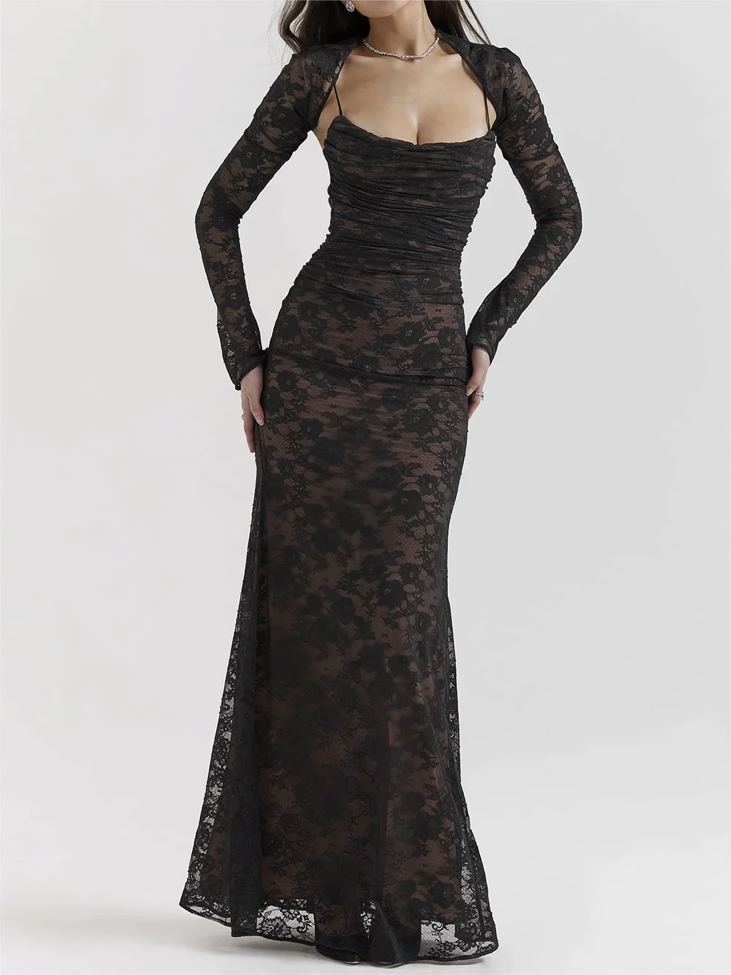Valenzora | Lace Maxi Dress Elegant Long Sleeve Square Neckline Formal Evening Dress