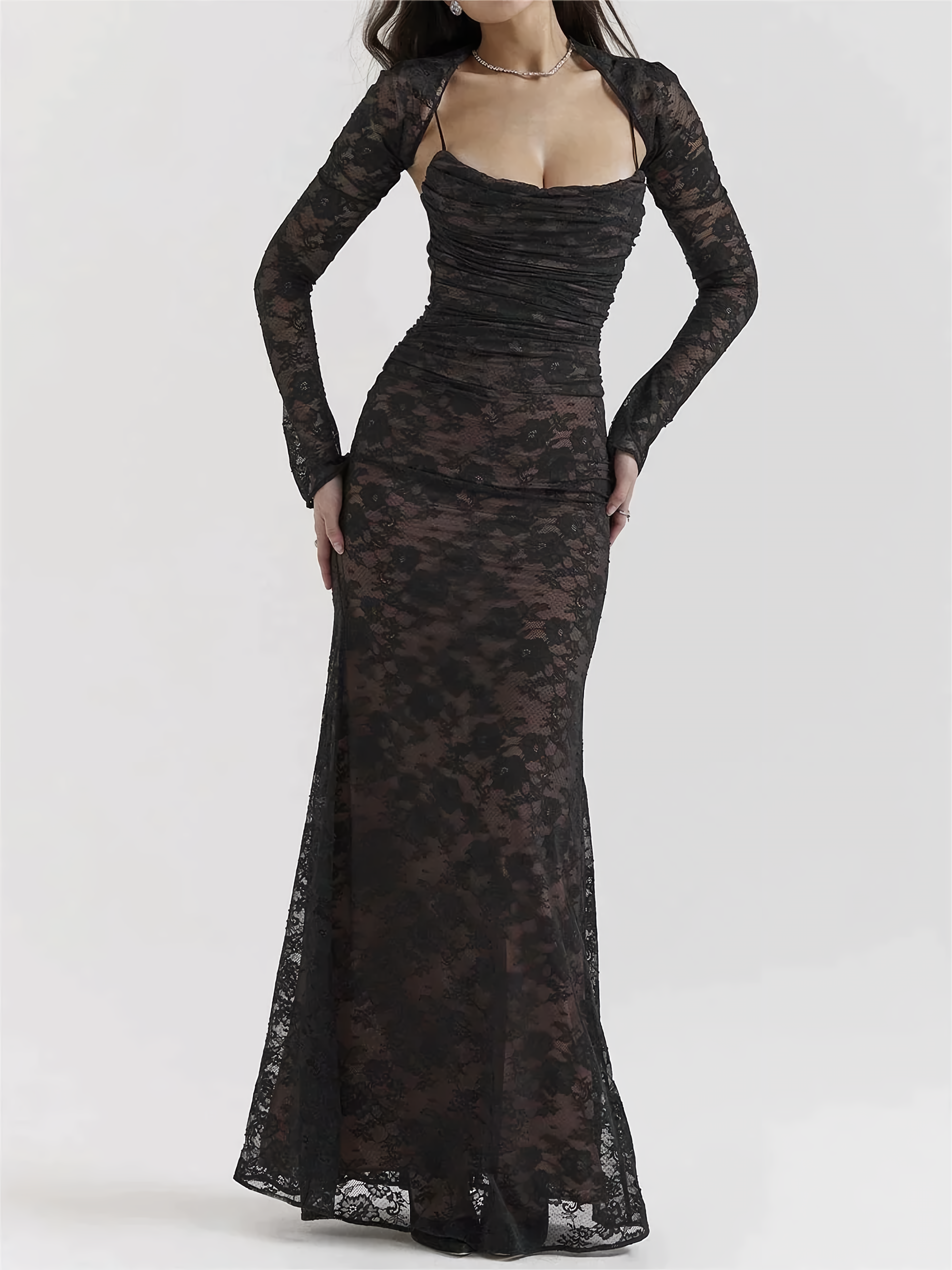 Valenzora | Lace Maxi Dress Elegant Long Sleeve Square Neckline Formal Evening Dress