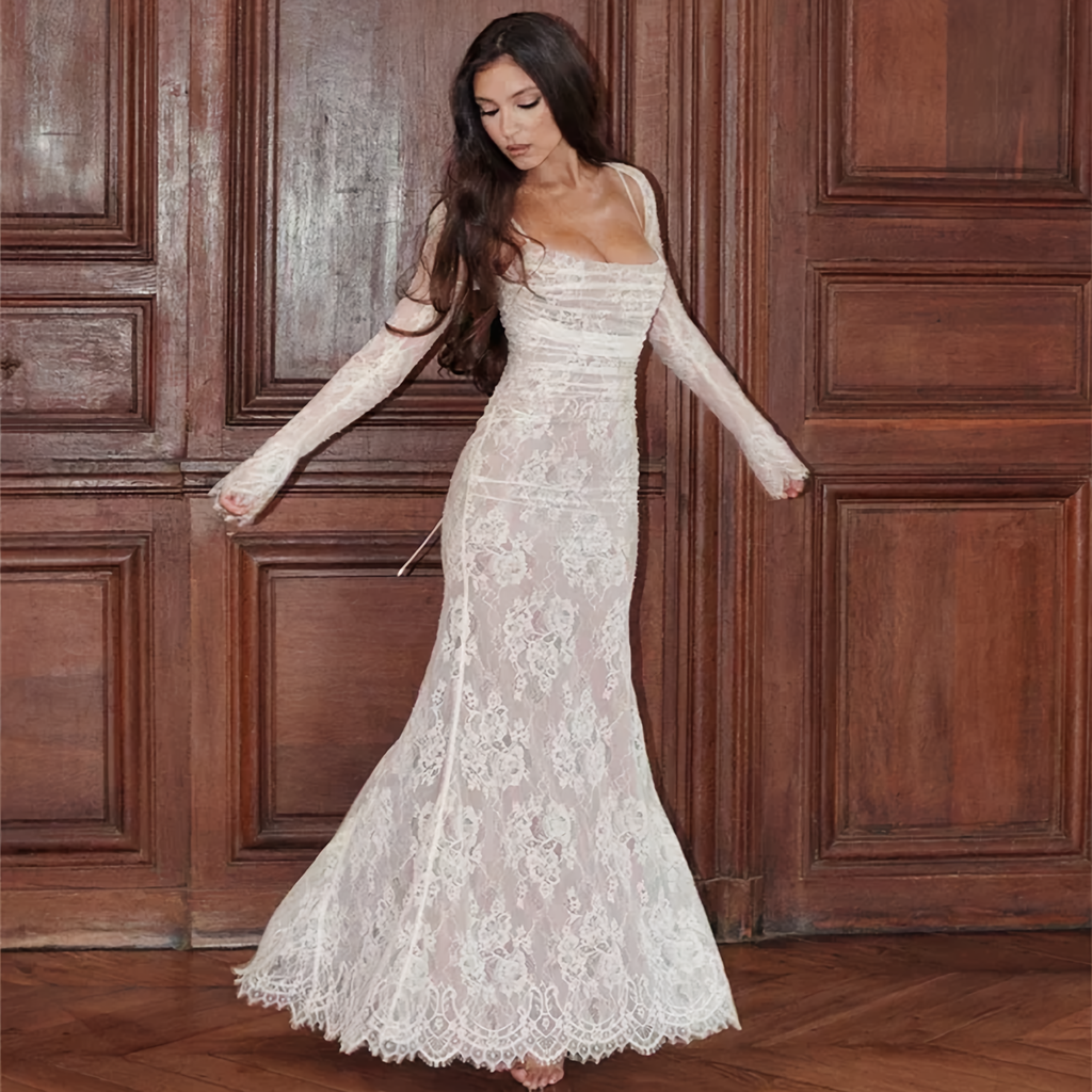 Valenzora | Lace Maxi Dress Elegant Long Sleeve Square Neckline Formal Evening Dress