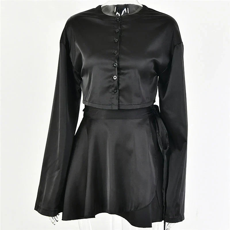 Valenzora | Silky blouse and skirt set with tie belt