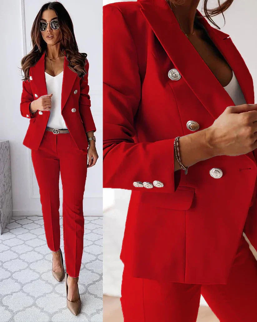 Women's elegant business suit set with double button placket and slim fit, size