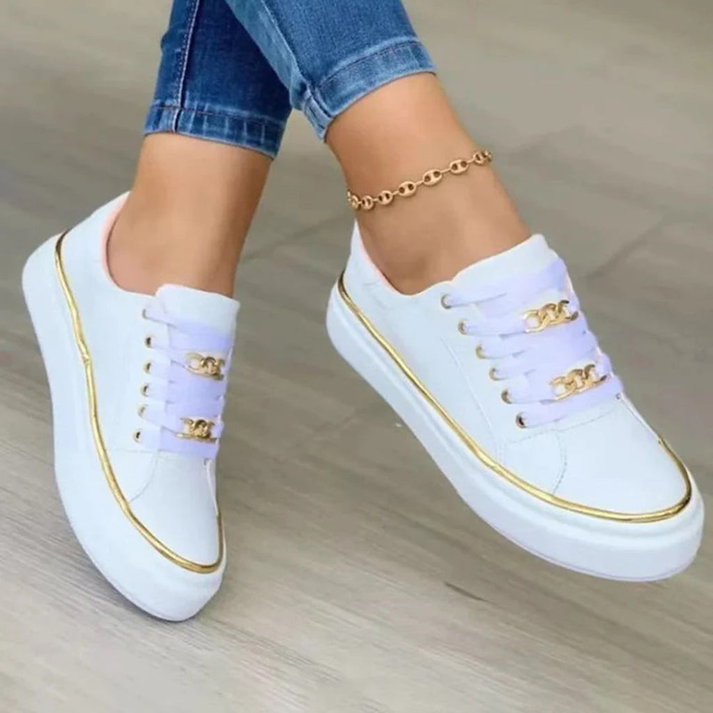 Valenzora - White low-top casual sneakers with gold details | Stylish white lace-up sneakers with gold trim