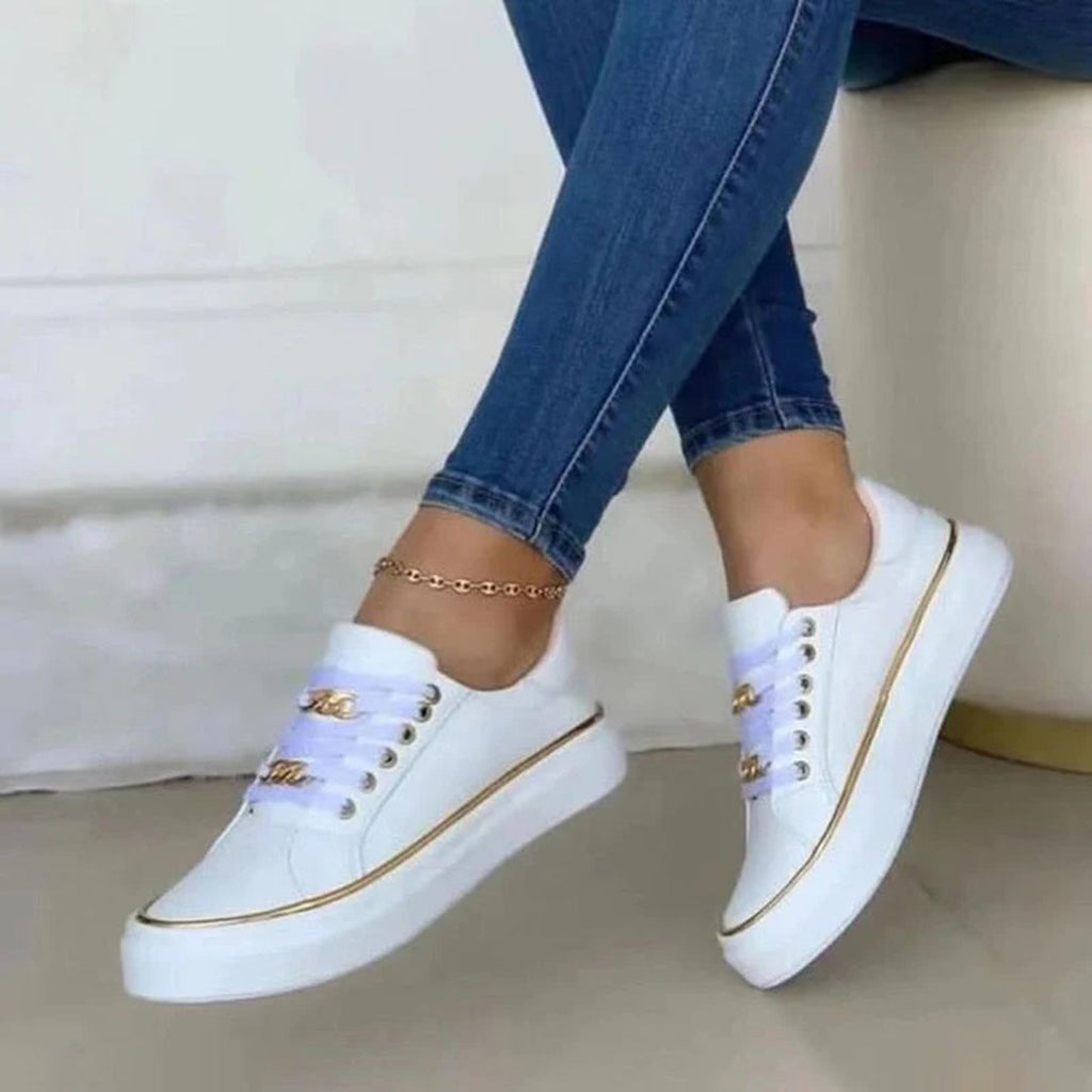 Valenzora - White low-top casual sneakers with gold details | Stylish white lace-up sneakers with gold trim