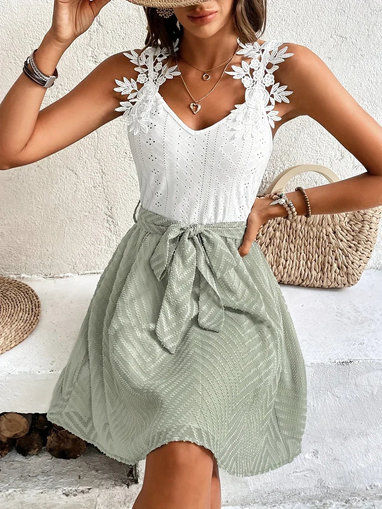 Valenzora | Sleeveless summer dress with lace neckline. Elegant maxi A-line dress with lace details, bow and lightweight material.