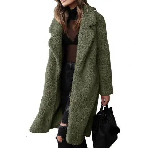 Valenzora Plush Warm Cardigan Lapel Long Sleeve Midi Coat