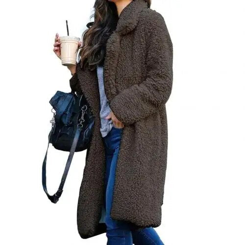 Valenzora Plush Warm Cardigan Lapel Long Sleeve Midi Coat