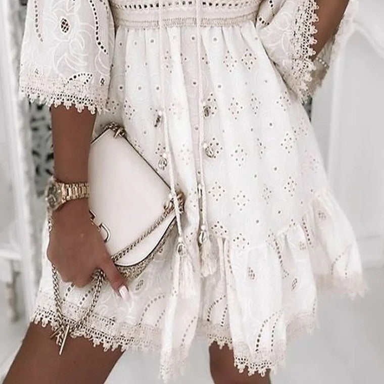 Valenzora | Boho lace embroidered dress with wide sleeves for women