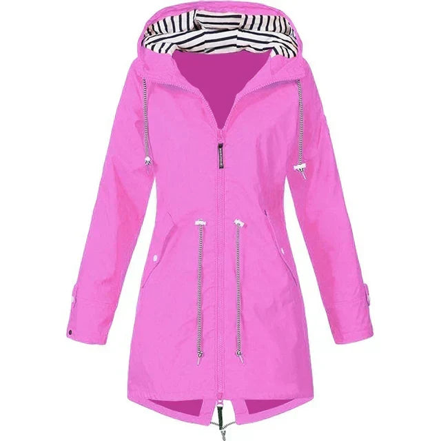 Rain jacket with hood and outer pockets