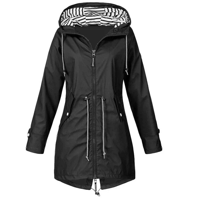 Rain jacket with hood and outer pockets