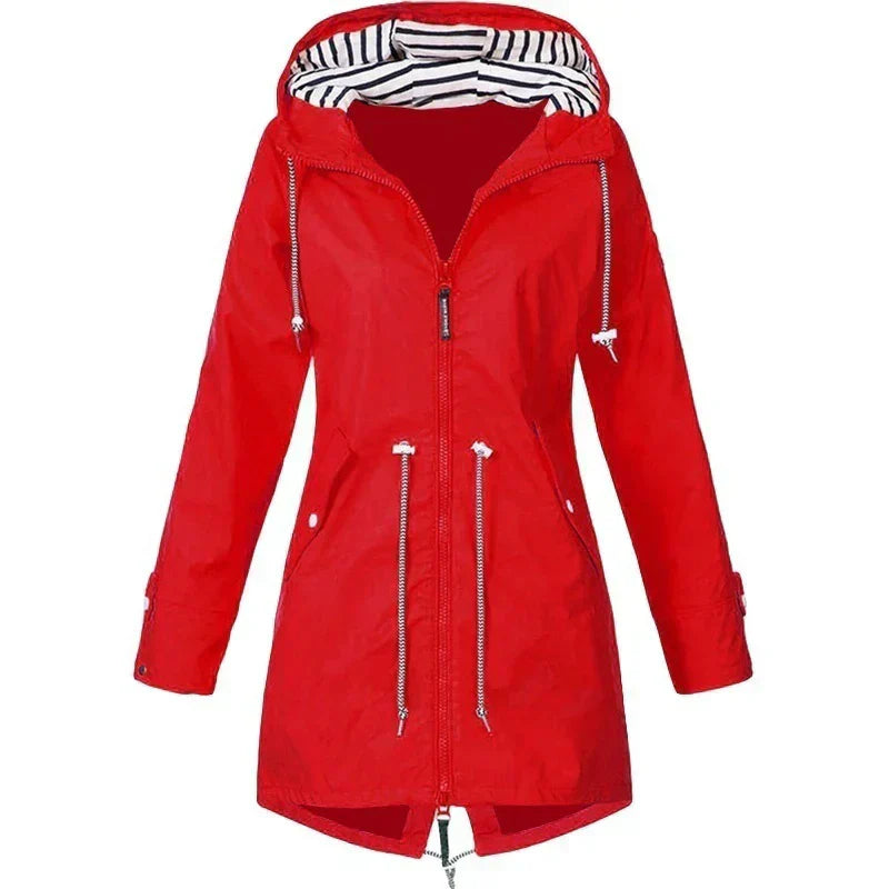 Rain jacket with hood and outer pockets
