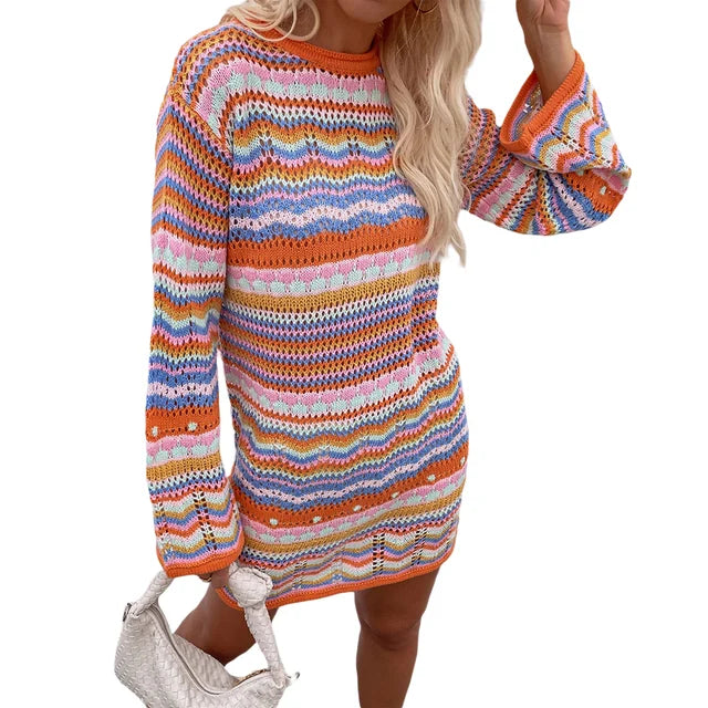 Valenzora | Designer Bohemian striped knit and crochet sweater dress