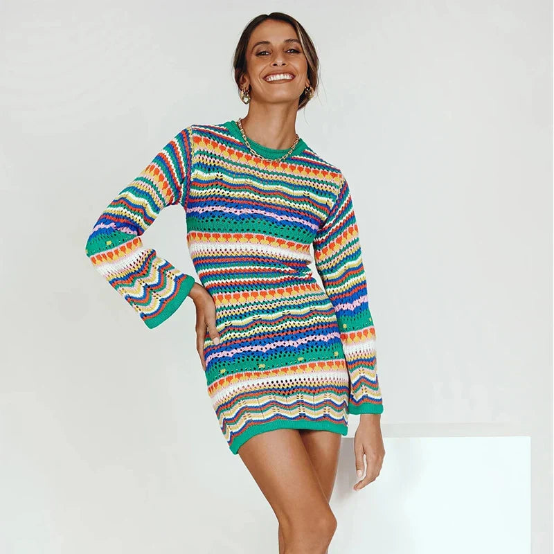 Valenzora | Designer Bohemian striped knit and crochet sweater dress