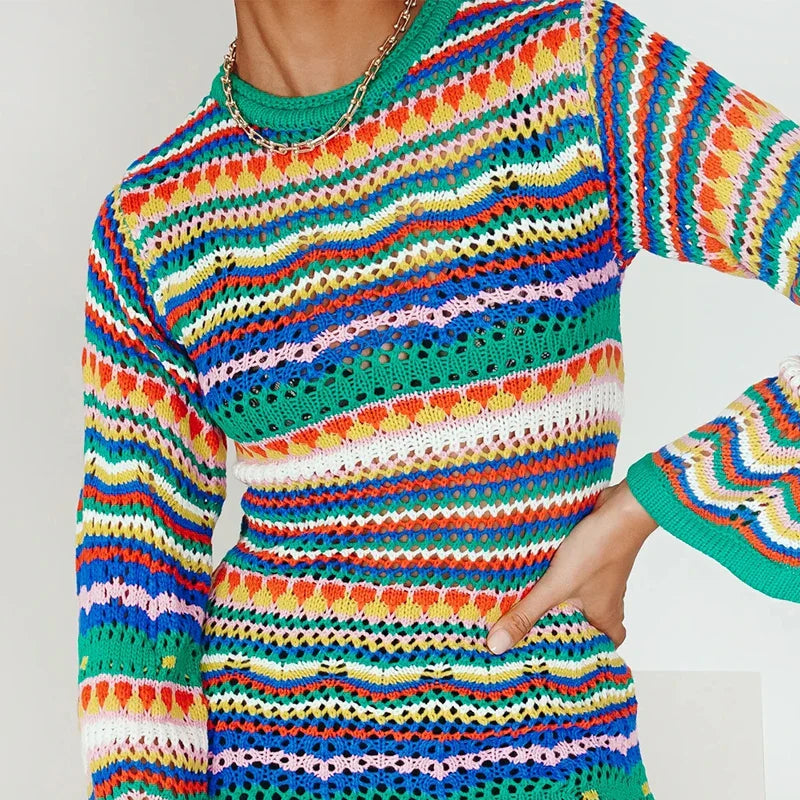 Valenzora | Designer Bohemian striped knit and crochet sweater dress