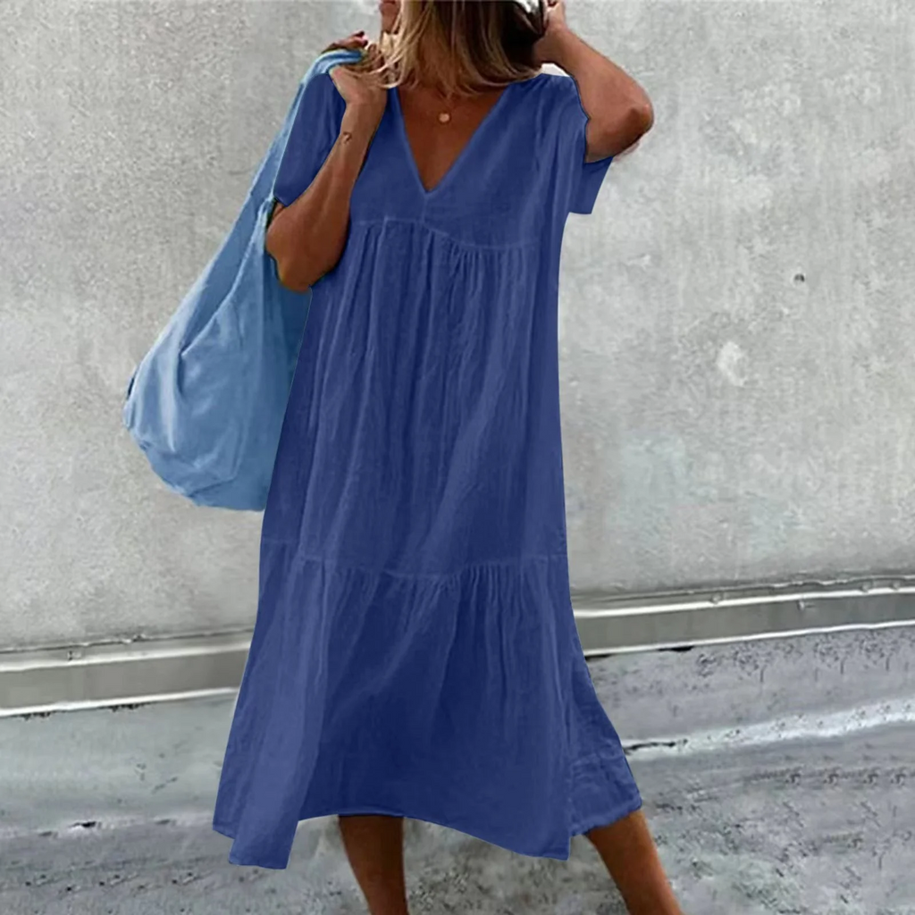 Valenzora | Women's casual dress with V-neck and simple handbag