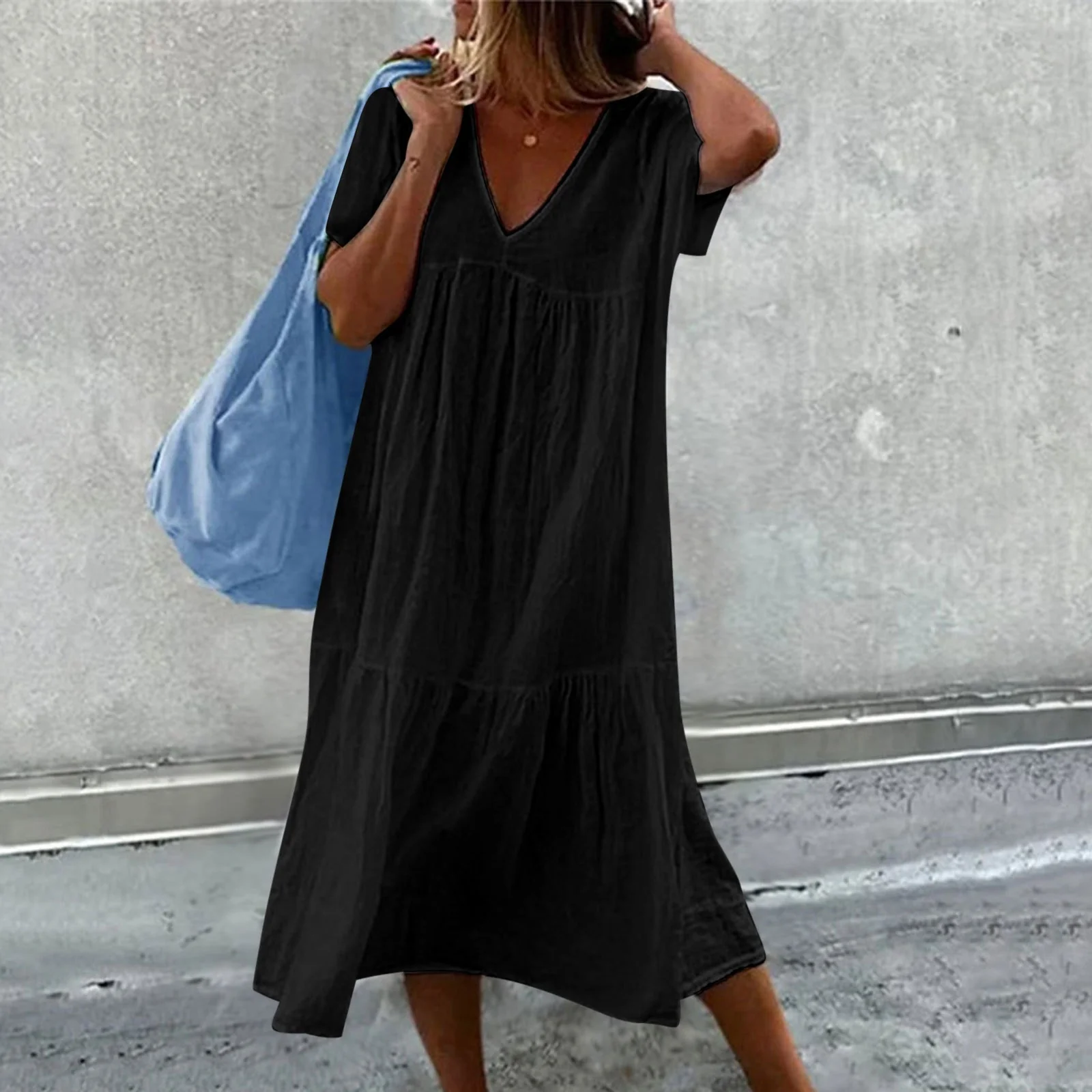 Valenzora | Women's casual dress with V-neck and simple handbag