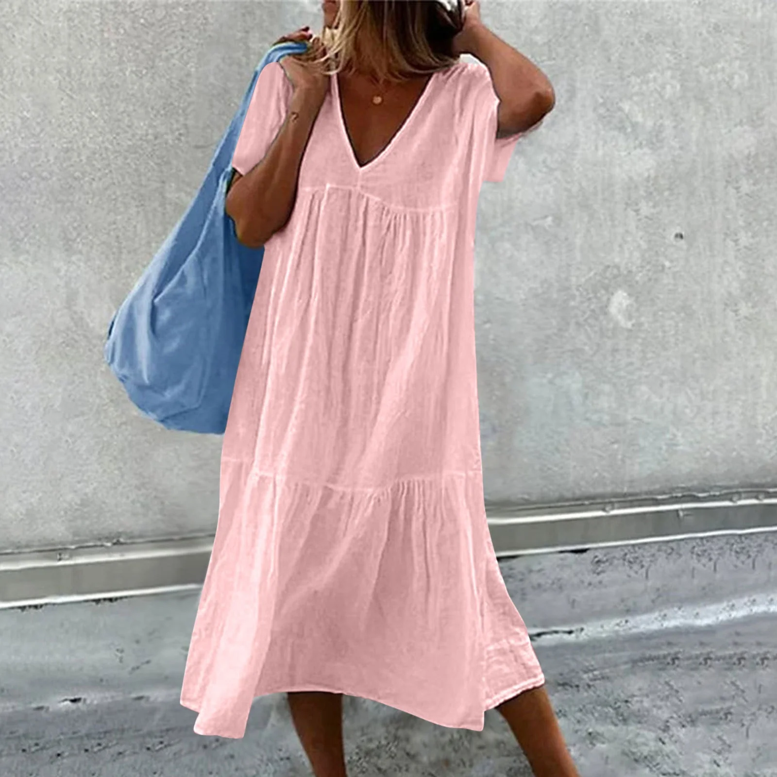 Valenzora | Women's casual dress with V-neck and simple handbag