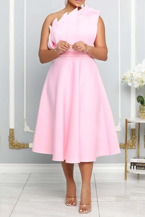 Valenzora | One Shoulder Midi Dress Elegant A-line Fit Sculpted Details Festive Wear