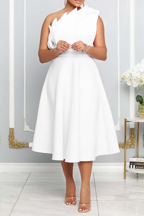 Valenzora | One Shoulder Midi Dress Elegant A-line Fit Sculpted Details Festive Wear