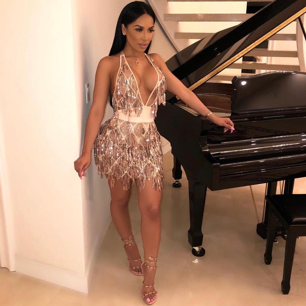 Valenzora | Deep V-Neck Backless Sequin Short Fringe Mini Dress
