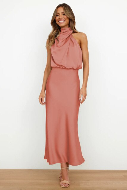 Valenzora | Elegant satin halterneck dress for women