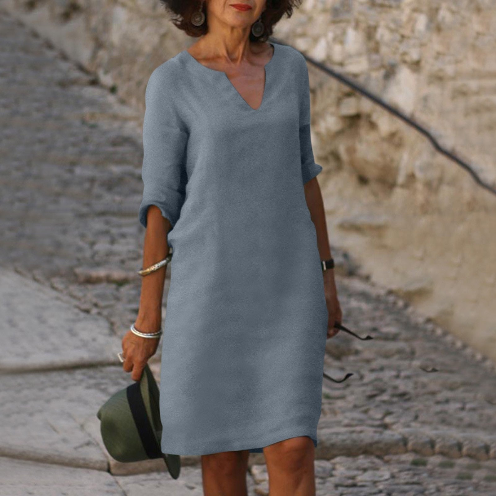 Valenzora | Loose fit half sleeve short dress linen dress