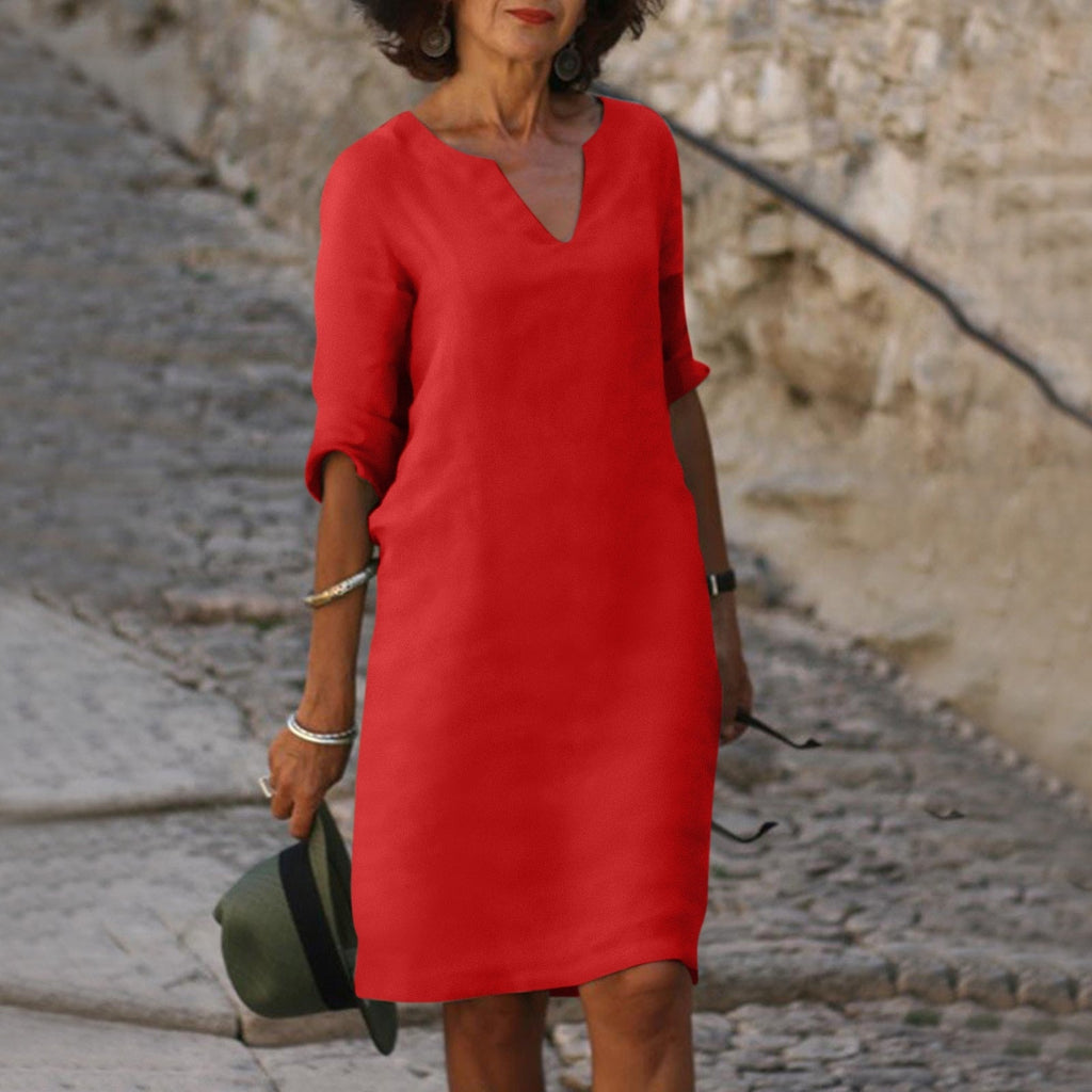 Valenzora | Loose fit half sleeve short dress linen dress