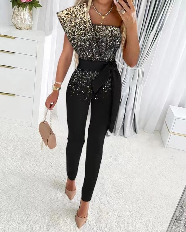 Valenzora | One Shoulder Jumpsuit with Sequins and Waistband