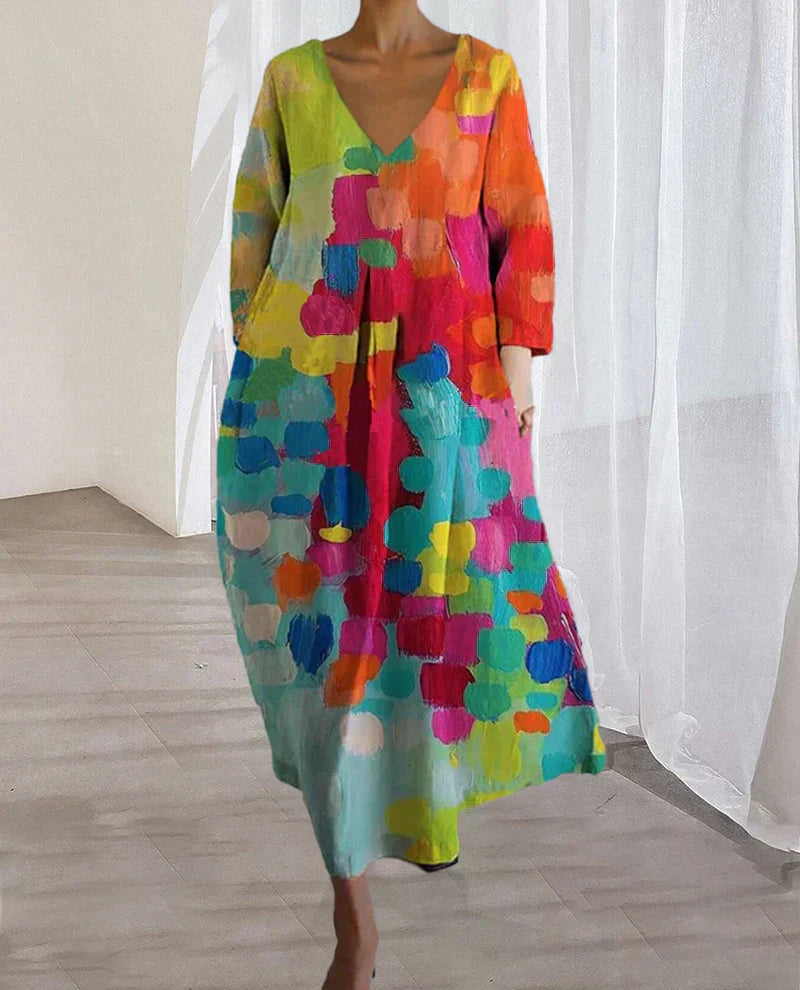 Valenzora | Buntes bedrucktes Kleid mit V-Ausschnitt