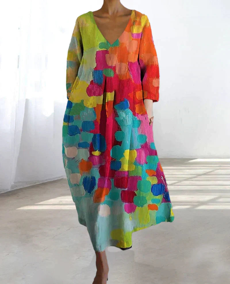 Valenzora | Buntes bedrucktes Kleid mit V-Ausschnitt